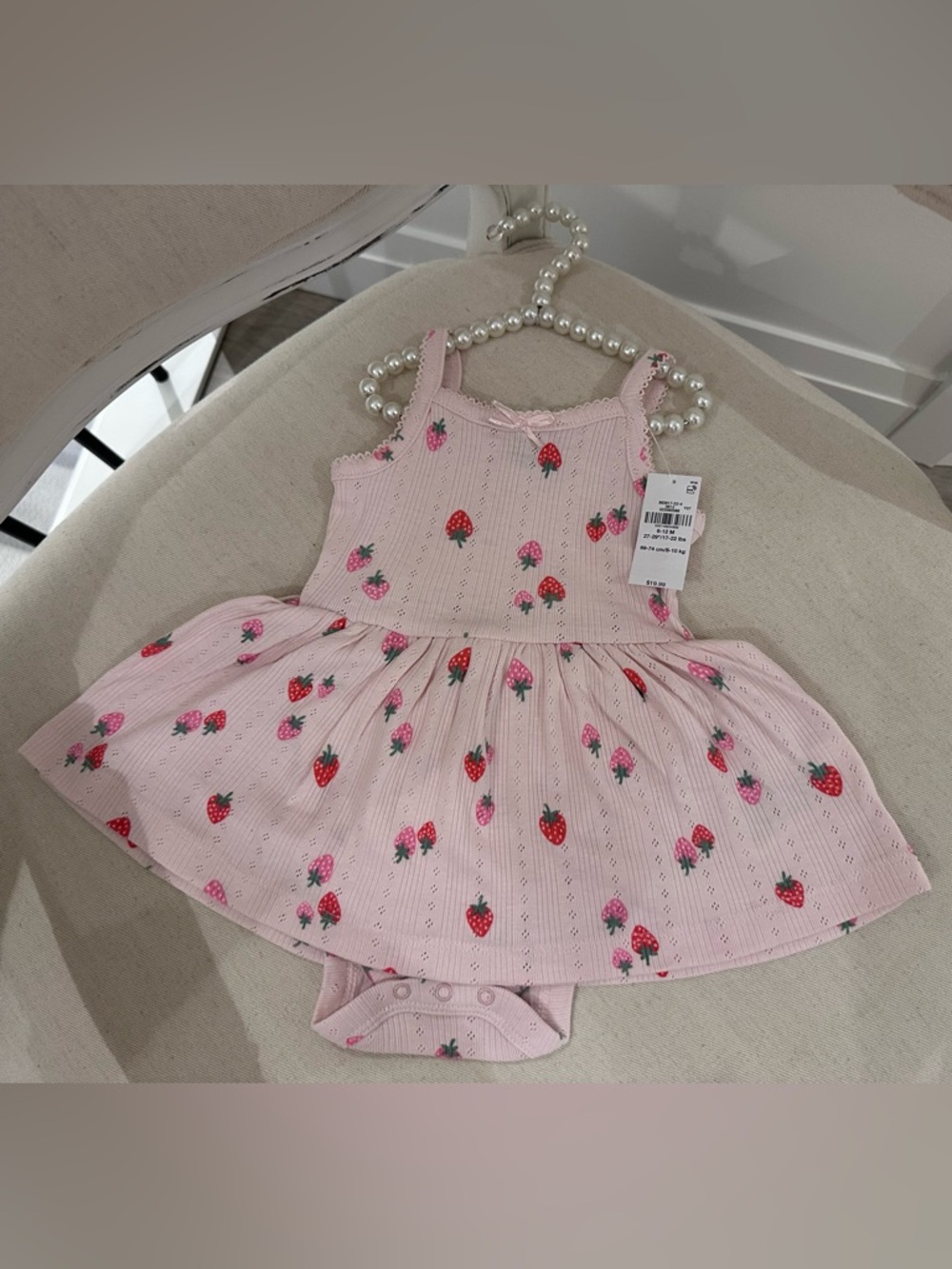 🍓 6~12 Mth Pink Pointelle Knit Strawberry Print Baby Dress Romper With Bow NWT
